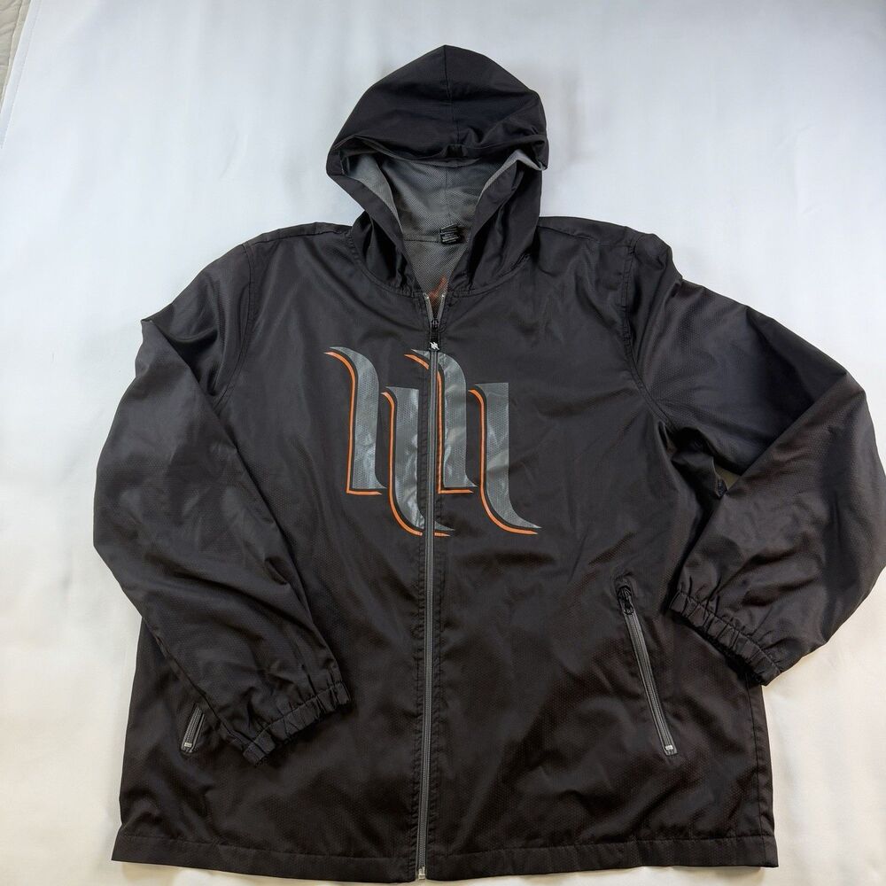 Hart and Huntington Jacket Men XL Black Graphic Full Zip Hooded Windbreaker Moto